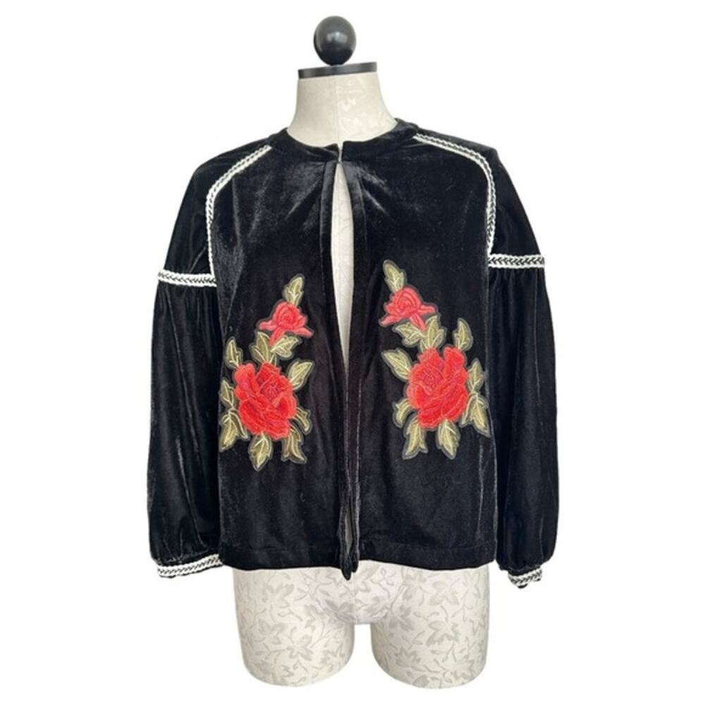 Elodie Velvet Roses Embroidered Jacket Open Front Peasant 3/4 Sleeves Size S - Picture 1 of 15